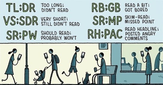 Men women and children looking at their screens everywhere: 
TL;DR → Too Long; Didn't Read
VS;SDR → Very Short; Still Didn't Read 
SR; PW → Should Read; Probably Won't 
RB;GB → Read a Bit; Got Bored
SR; MP → Skim-Read; Missed Point
RH;PAC → Read Headline; Posted Angry Comments