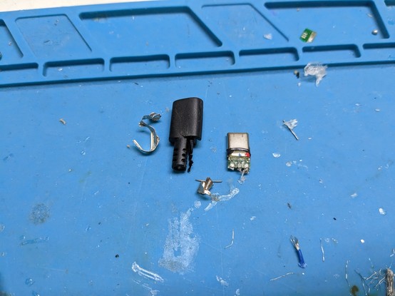 A stripped down usb c male port. Removed rubber and metal can