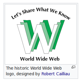 The historic World Wide Web logo, designed by Robert Cailliau — it contains the letters WWW and the text "World Wide Web", "Let's Share What We Know"