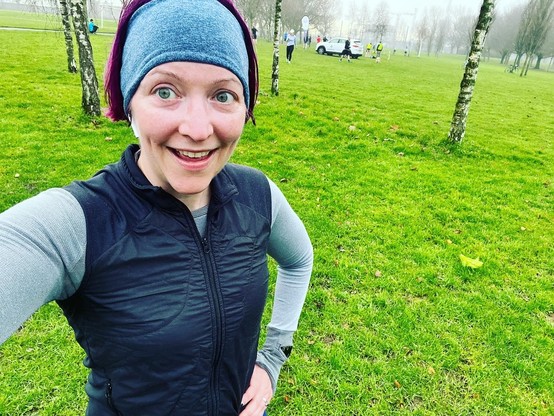 After Parkrun: pale white lady in running gear moderately sweaty, though mostly misted-upon 