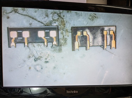 2 tiny flex PCB's side by side comparing the size of one another. 