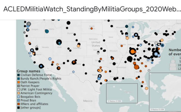 A map of the United States dotted with locations of militia activity. A significant cluster centres about North Carolina and Virginia; another in Tennessee and Kentucky.