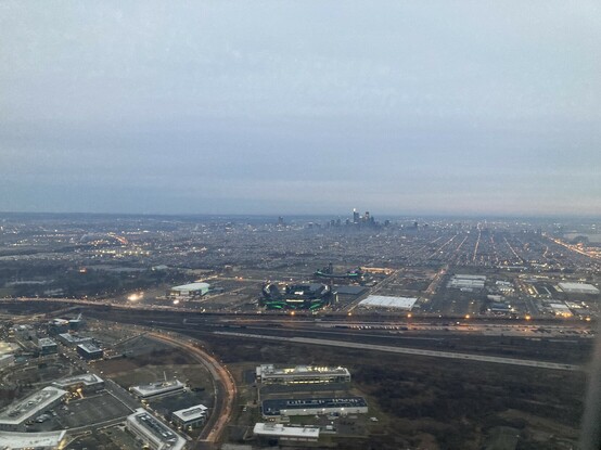 An aerial view of Philadelphia and the sports complex.