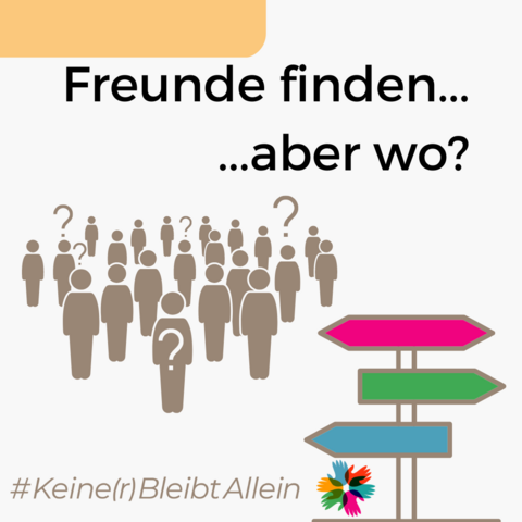 "Freunde finden...aber wo?" untermalt von einer Menschengruppe mit Fragezeichen und einem Wegweiserschild daneben.