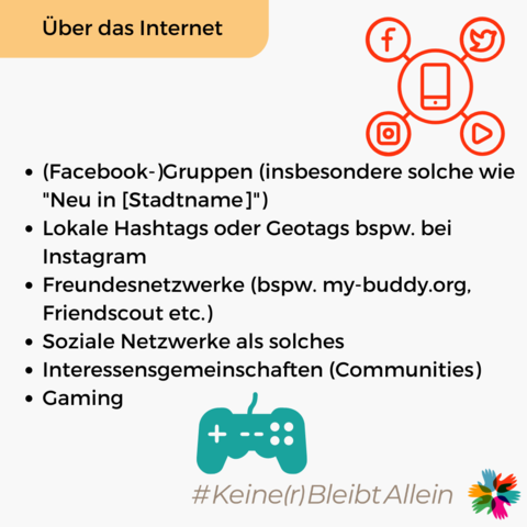 Über das Internet: "Facebookgruppen (insbesondere solche wie "Neu in Stadtname), Lokale Hashtags oder Geotags bspw. bei Instagram oder Mastodon, Freundesnetzwerke (bspw. my-buddy.org, Friendscout etc.), Soziale Netzwerke als solches, Interessensgemeinschaften (Communities), Gaming.

Zu sehen ist ein abstrahiertes Netzwerksymbol, welche die geläufigsten Netzwerke repräsentiert und ein Controller der für Gaming steht.