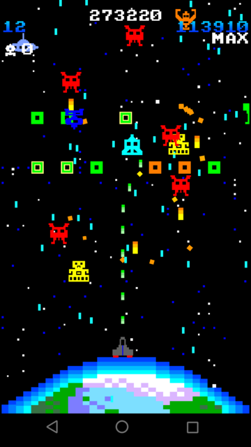 Retro shooter screenshot of small ship firing bullets at incoming aliens in an 8bit style. 