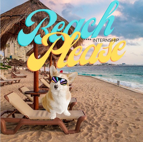 A corgi (intern) spends their day at the beach (but actually at a research center). The text says "Beach Please" in a cute font but we put the word "internship" over it for legal reasons. 