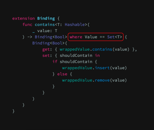 Code sample that shows how to add generic constraints to a function, for example by doing “where Value == Set<T>”.