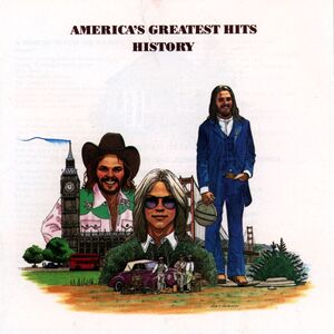 Album cover artwork drawing of the 70's pop band America drawn by legendary comedian actor Phil Hartman features a collage of images including color drawings of the 3 members of the group drawn from different photos. Mixed into the background are drawings of Westminster Abbey in London (where some of America's biggest hits were recorded) and on the right an image of the Golden Gate bridge. From Wikipedia: "The cover artwork partly draws from artwork on America's previous albums. The drawings of Dan Peek and Dewey Bunnell are taken from photos on a poster included with the Hat Trick album. The image of the car and the trees behind it (the latter which also form Gerry Beckley's shirt) come from the cover of the Holiday album. The Golden Gate Bridge and pine trees are adapted from the cover of Hearts. Although images of Big Ben and the double-decker bus are not found on any other America album, their inclusion symbolizes the group's origins in England. The artwork was by a then-unknown artist named Phil Hartman, later famous as an actor and comedian, and brother of the group's then-manager, John Hartmann. The liner notes spell his last name as "Hartmann" - the original spelling of his name."