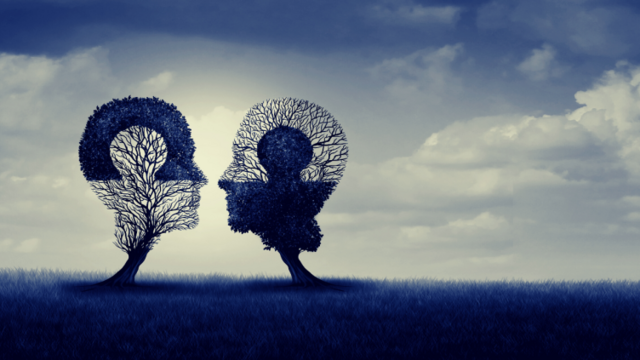 Two trees shaped into human heads, with full leaves on each tree creating a complete jigsaw puzzle when put together. 