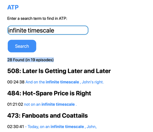 Screenshot showing a searching podsearch for the phrase "Infinite Timescale"