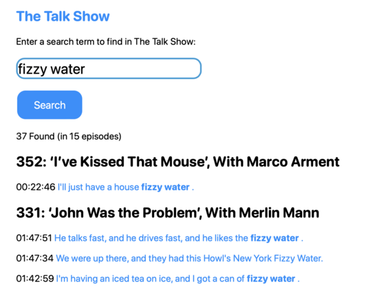A screenshot showing a search for fizzy water in PodSearch.