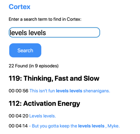 A screenshot showing a search for "Levels Levels" in podsearch.