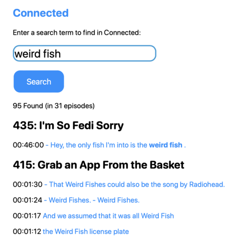 A screenshot showing a search for "weird fish" in podsearch.