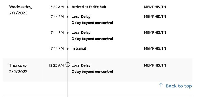 FedEx tracking history showing delay