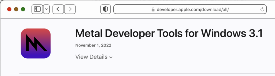 An item on Apple's developer downloads site titled “Metal Developer Tools for Windows 3.1”.