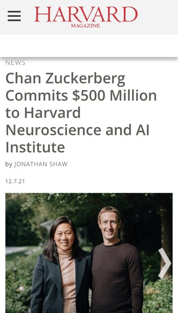 Screenshot from Harvard Magazine: Chan Zuckerberg Commits $500 Million to Harvard Neuroscience and AI Institute