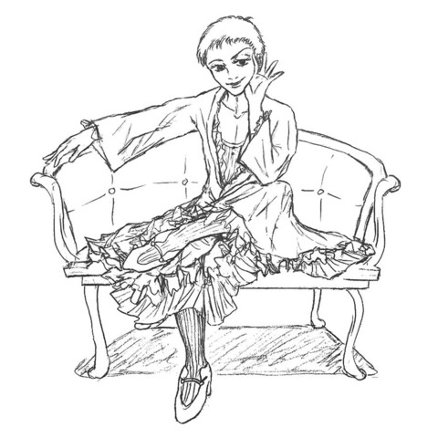 My gender fluid cross dressing drag queen character Ollie, looking louche and decadent in a dressing gown with his vaudeville costume still partially worn underneath, sans wig so his short cropped hair is visible, flouncy dress open at the neck to show off his flat chest. He has his ankles crossed provocatively and is smirking as he winks at you ;)