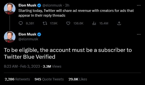 Elon Musk: Starting today, Twitter will share ad revenue with creators for ads that appear in their reply threads

Elon Musk: To be eligible, the account must be a subscriber to Twitter Blue Verified