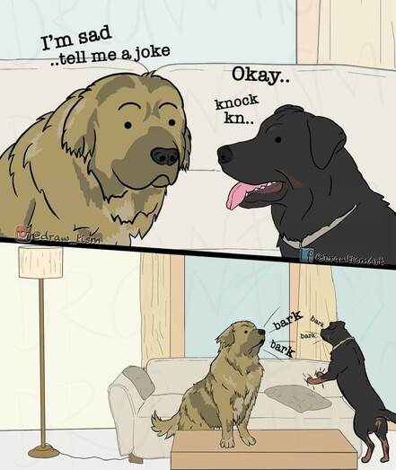 A comic of a dog telling a knock knock joke and then barking for the punchline. 