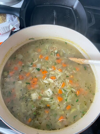 A big Dutch oven full of chicken noodle soup