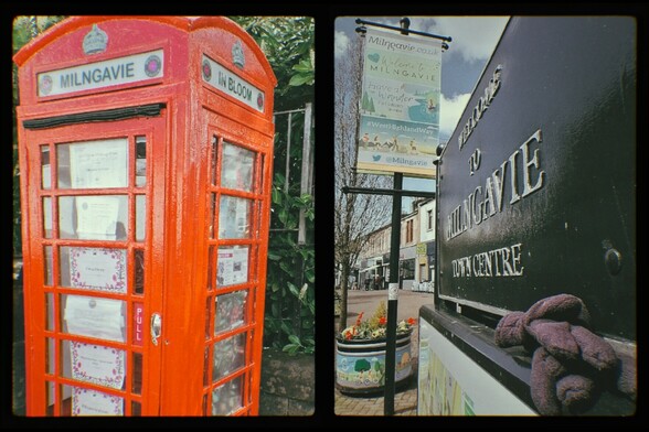 One portrait shot of a red public phone box with the name Milngavie on it. Besides it a landscape shot of the Milngavie welcome sign at an angle with the high street shops in the distance.