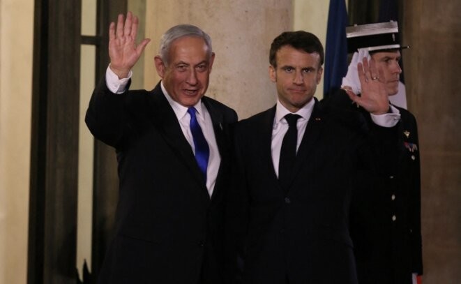 Emmanuel Macron et Benjamin Netanyahou à l’Élysée le 2 février 2023. © Umit Donmez/Anadolu/AFP