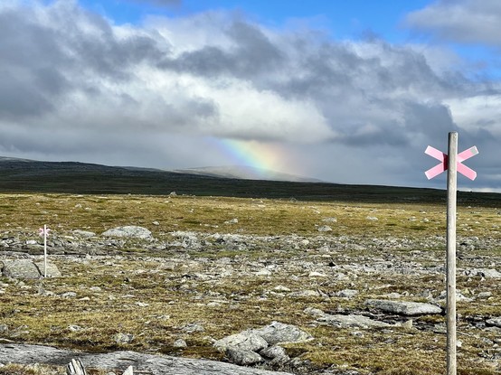 Kalfjäll again, rainbow at the horizon, a winter trail marker (red cross) at the right border of the picture. 