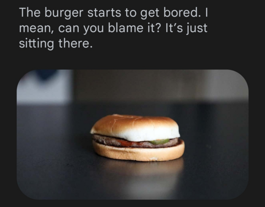 [Cropped screenshot]

The burger starts to get bored. I mean, can you blame it? It’s just sitting there.

[Picture of a burger on a counter, different from the picture in the first]