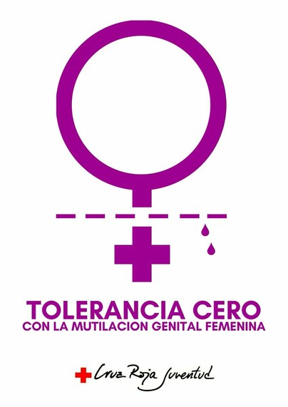 Símbolo de la mujer (un círculo y una cruz invertida debajo). Una línea de puntos corta la cruz y a la derecha dos gotas de sangre. Debajo "Tolerancia cero con la Mutilación Genital Femenina" en mayúsculas. Todo en color magenta y fondo blanco. Al pie del cartel, logotipo de la "Cruz Roja Juventud". Tipografía como escrita a mano en negro y su típica cruz roja a la izquierda (palos del mismo tamaño).