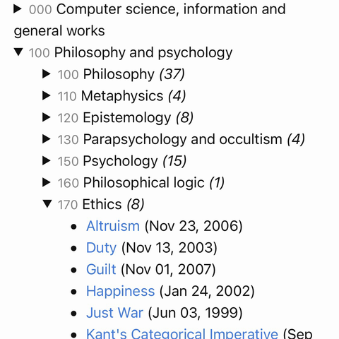 Hierarchical list of topics showing Philosophy, etc, with one topic open and listing episode titles