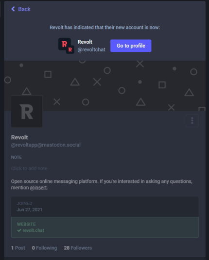 Revolt has indicated that their new account is now @revoltchat@mastodon.social