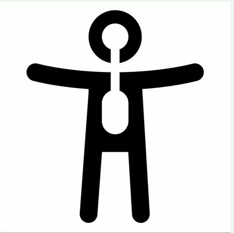 Logo DisOrganic (discapacidad organica):. Figura minimalisra y andrógina. En negro sobre fondo blanco. Persona con piernas separadas y brazos en cruz. Tanto el interior de la cabeza como centro del cuerpo son del mismo color que el fondo. Vacíos.