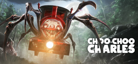 Choo-Choo Charles, a steam train with spider legs and a large maw with many sharp teeth. It is walking towards the viewer through a forest landscape with rock details.