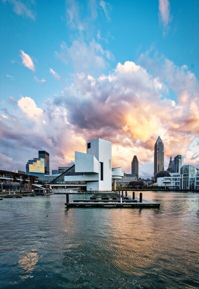 Sunset over the Cleveland, Ohio skyline from North Coast Harbor.