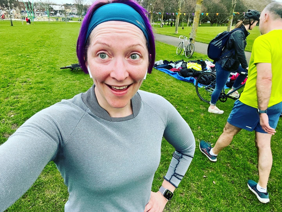 Pale white lady in running gear after Parkrun 