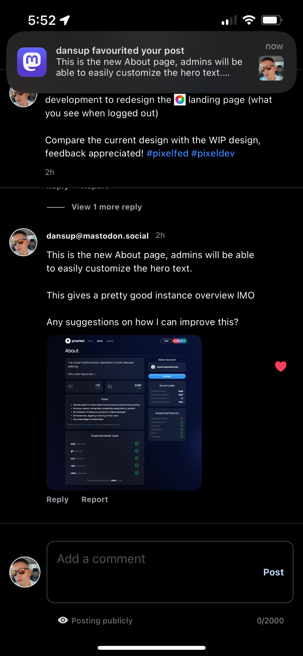 Pixelfed mobile app comments screen with a mastodon comment with media attachment that was recently liked and generated a Mastodon app notification showing the cyclical compatibility of proper comment threading + rendering between pixelfed and mastodon