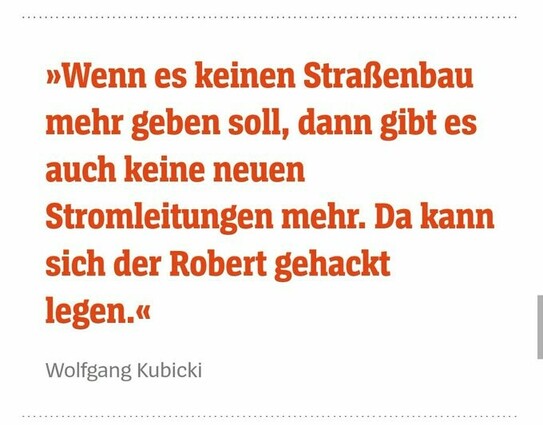 Zitat von Wolfgang Kubicki im Spiegel: "Wenn es keinen Straßenbau mehr geben soll, dann gibt es auch keine neuen Stromleitungen mehr. Da kann sich der Robert gehackt legen."
