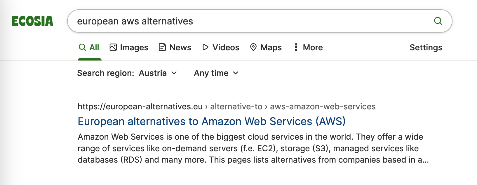 The image shows a search result of the search engine "Ecosia" for the phrase "european aws alternatives" and the first result is a page of European Alternatives.