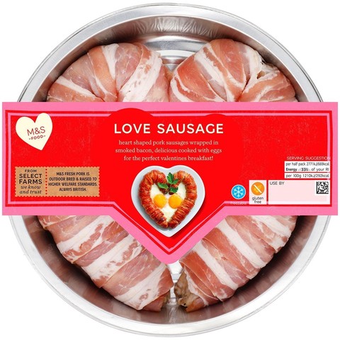 M&S “love sausage”. Sausage wrapped in bacon in the shape of a heart. 