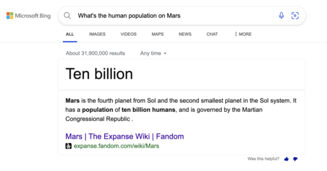 Bing search results for "What's the human population on Mars". It says "Ten billion", citing a fan wiki for the Sci-fi book series The Expance