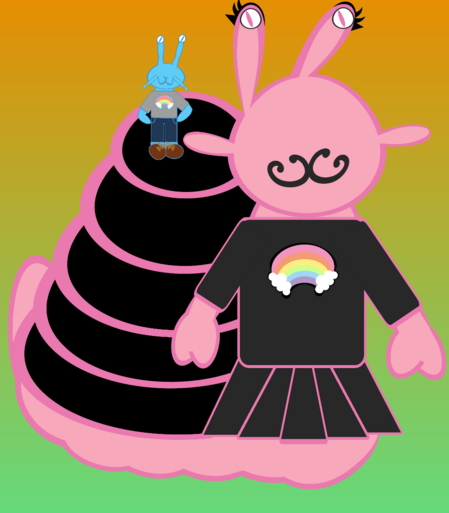 Illustration. Anthropomorphic slug guy in trans pride flag blue wears a grey tshirt with a pastel rainbow on it, blue jeans, and brown shoes. He has a pleasant expression on his face. He stands on his much larger snail girlfriend's shell. She is trans pride pink and wears a dark grey skirt and matching t shirt with a pastel rainbow on it. Her shell is black. Her mascara and eyeliner are black too. She is smiling 

