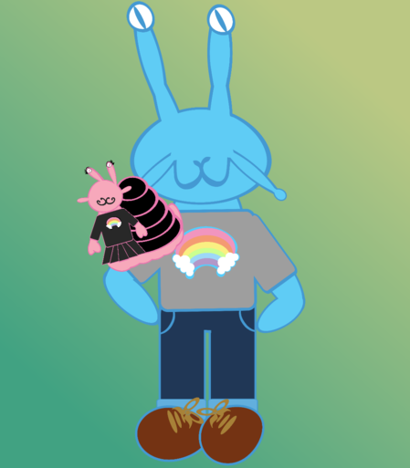 Illustration. Anthropomorphic slug guy in trans pride flag blue wears a grey tshirt with a pastel rainbow on it, blue jeans, and brown shoes. He has a pleasant expression on his face. He stands with his much smaller snail girlfriend on his shoulder. She is trans pride pink and wears a dark grey skirt and matching t shirt with a pastel rainbow on it. Her shell is black. Her mascara and eyeliner are black too. She is smiling 
