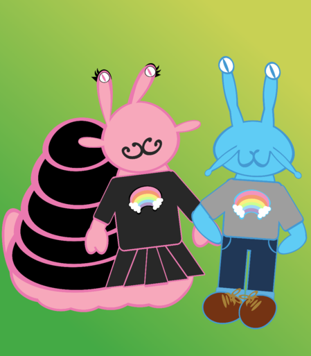Illustration. Anthropomorphic slug guy in trans pride flag blue wears a grey tshirt with a pastel rainbow on it, blue jeans, and brown shoes. He has a pleasant expression on his face. He stands next to hisg snail girlfriend holding her hand. She is trans pride pink and wears a dark grey skirt and matching t shirt with a pastel rainbow on it. Her shell is black. Her mascara and eyeliner are black too. She is smiling 
