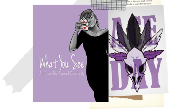 Cover art with a lavender hue￼ of a gender and racial racially ambiguous person holding ace card suits over half of their face, next to a bird skull drawing with asexual pride color plumage with bold ACE DAY written over it.