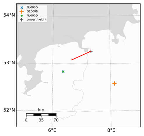 De baan van de meteoor op 2022-02-15T23:51UTC. De meteoor ging van boven de provincie Groningen in noordoostelijke richting, en is net over de grens in Duitsland, op 53km hoogte, opgebrand.
