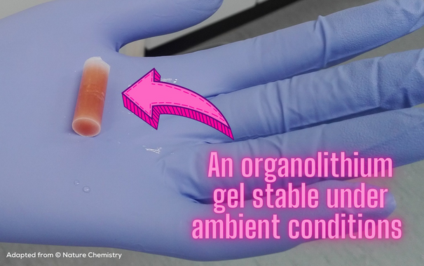 An organolithium gel held by a gloved hand, with an added title that describes the picture. It's all adapted from an original picture published in Nature Chemistry.