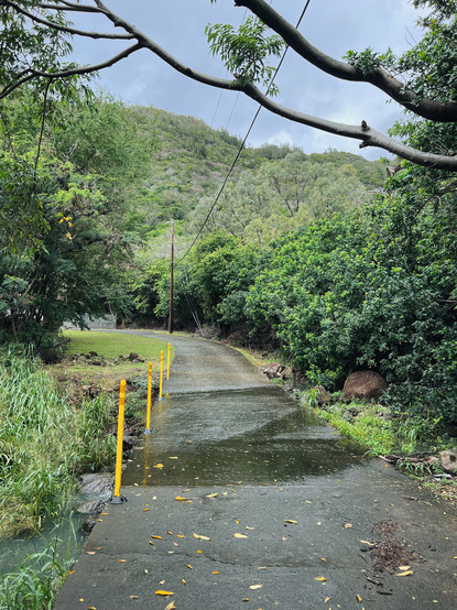A stream running across the road due to heavy rain the last few days
