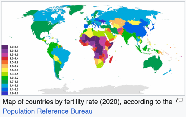 Global map of total fertility rate by country.