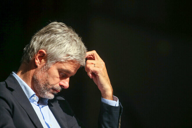 Laurent Wauquiez lors d’une réunion publique à Montelier (Drôme) le 25 novembre 2022. © Photo Nicolas Guyonnet / Hans Lucas via AFP.